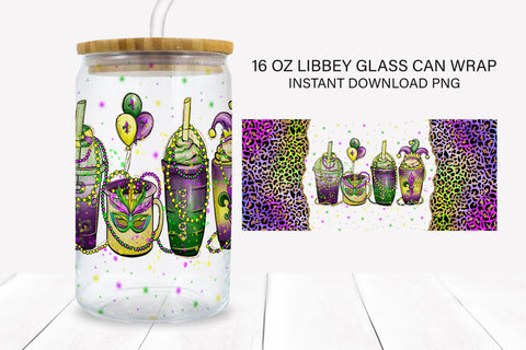 Mardi Gras Frosted Glass Coffee Cup Sublimation PNG Sublimation BijouBay 