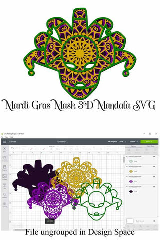 Mardi Gras Mask Layered Mandala - 3D Layered SVG file, 4 layers SVG Digital Honeybee 