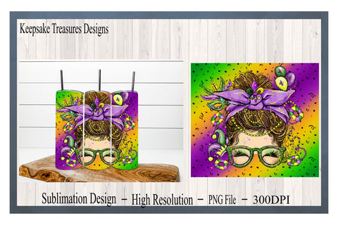Mardi Gras Messy Bun 20oz Skinny Tumbler Wrap, Green and Purple Background, PNG Sublimation Design Sublimation Keepsake Treasures Designs LLC. 