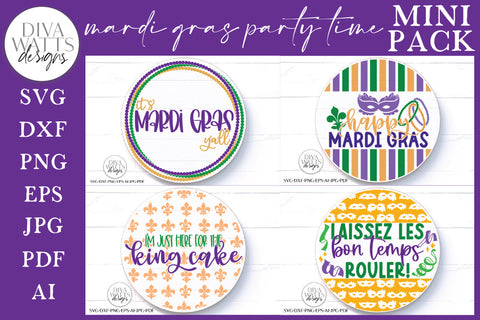 Mardi Gras Party Time Mini Pack - 4 Round SVG & More Designs SVG Diva Watts Designs 