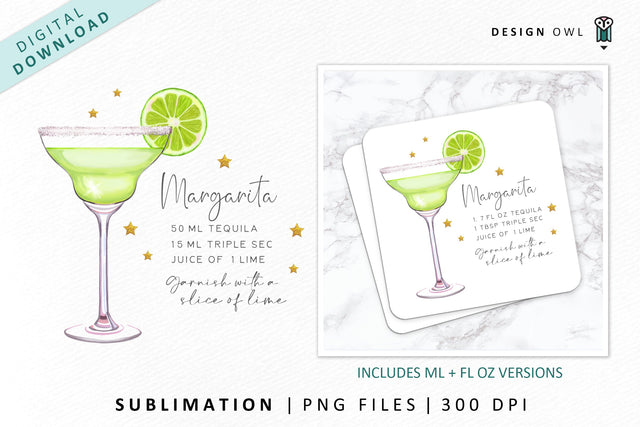 Margarita Cocktail Recipe Sublimation File Sublimation Design Owl 