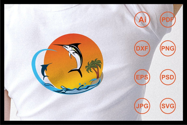 Marlin fish flying on the sea and beach design illustration SVG Leamsign Studio 