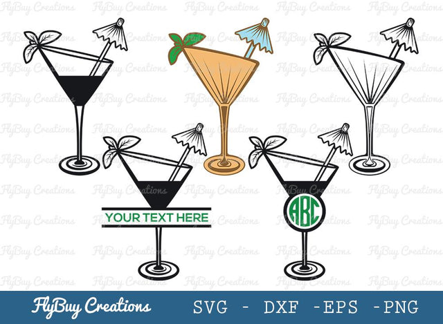 Martini Glass Svg Cut File| Margarita Glass | Wine Glass | Toothpick Umbrella | Mint Leaves | Glass Silhouette | Circle Monogram | Split Monogram SVG ETC Craft 