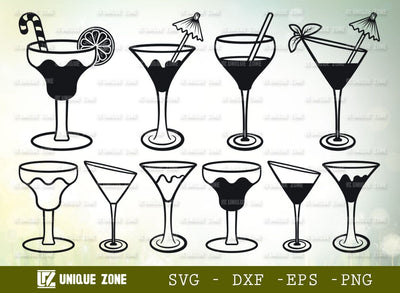 Martini Glass Svg | Margarita Glass Svg | Wine Glass Svg | Toothpick Umbrella Svg | Lime Svg | Mint Leaves Svg | Glass Silhouette SVG Unique Zone 