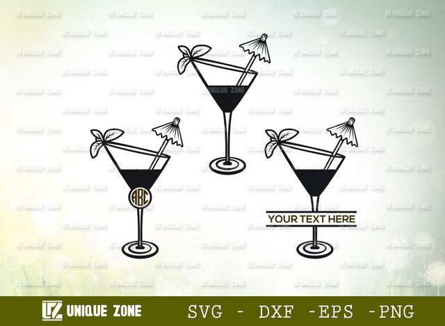 Martini Glass Svg Monogram, Margarita Glass Svg, Wine Glass Svg, Toothpick Umbrella Svg, Lime Svg, Mint Leaves Svg, Glass Silhouette SVG Unique Zone 