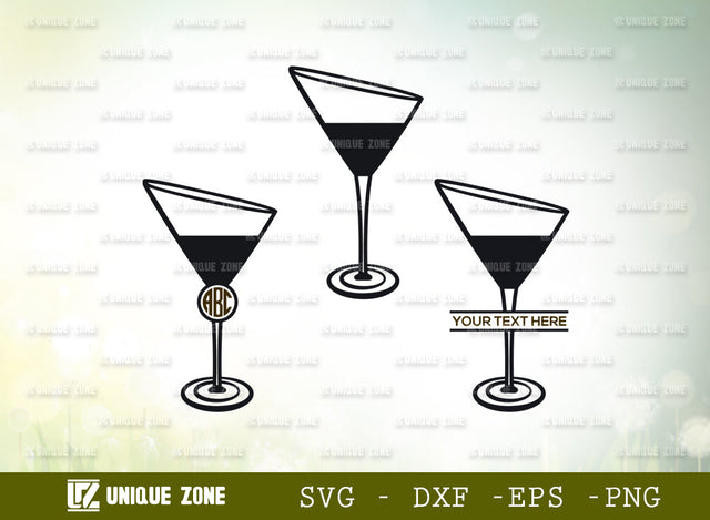 Martini Glass Svg Monogram, Margarita Glass Svg, Wine Glass Svg, Toothpick Umbrella Svg, Lime Svg, Mint Leaves Svg, Glass Silhouette SVG Unique Zone 