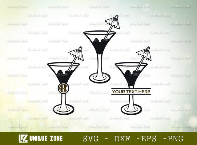 Martini Glass Svg Monogram, Margarita Glass Svg, Wine Glass Svg, Toothpick Umbrella Svg, Lime Svg, Mint Leaves Svg, Glass Silhouette SVG Unique Zone 