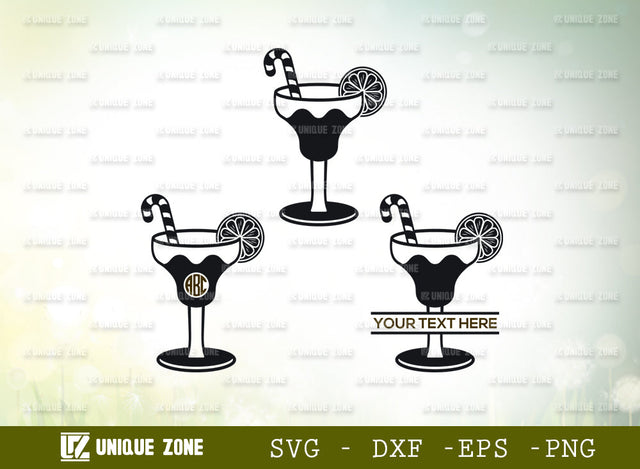 Martini Glass Svg Monogram, Margarita Glass Svg, Wine Glass Svg, Toothpick Umbrella Svg, Lime Svg, Mint Leaves Svg, Glass Silhouette SVG Unique Zone 