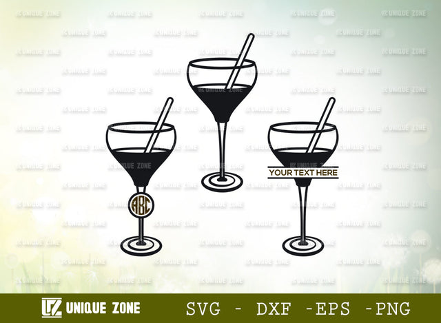 Martini Glass Svg Monogram, Margarita Glass Svg, Wine Glass Svg, Toothpick Umbrella Svg, Lime Svg, Mint Leaves Svg, Glass Silhouette SVG Unique Zone 