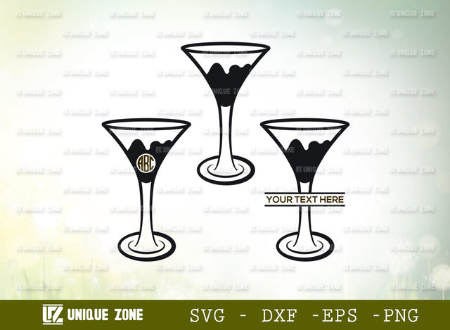 Martini Glass Svg Monogram, Margarita Glass Svg, Wine Glass Svg, Toothpick Umbrella Svg, Lime Svg, Mint Leaves Svg, Glass Silhouette SVG Unique Zone 