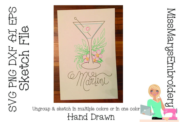 Martini Sketch File | Foil Quill | Drawing File Sketch DESIGN MissMarysEmbroidery 