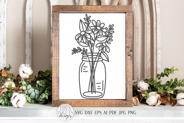 Mason Jar Daisy Arrangement SVG | Hand Drawn SVG | Farmhouse Wall Art or Sign | dxf and more SVG Diva Watts Designs 