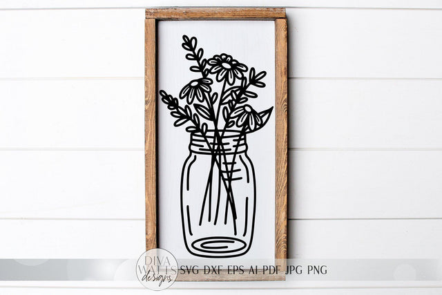 Mason Jar Flower Arrangement SVG | Line Drawing SVG | Farmhouse Art Sign SVG | dxf and more SVG Diva Watts Designs 