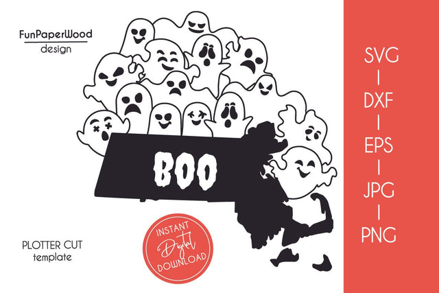 Massachusetts MA state map Cute Halloween Boo scary ghosts faces SVG DXF EPS PNG JPEG SVG FunPaperWood 
