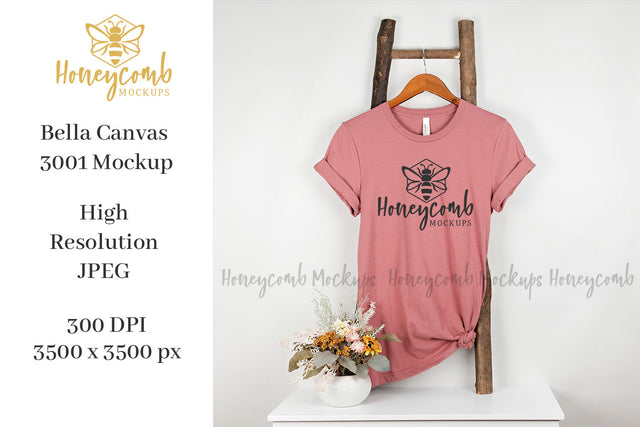 Mauve Bella Canvas 3001 Mockup, Hanging Ladder Mockup, Women's T-Shirt Mockup, Fall Mockup Mock Up Photo Honeycomb Mockups 