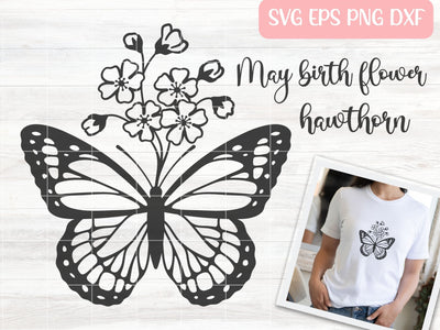 May Birth Month Flower SVG, Floral Monarch Butterfly SVG Cut File, Butterfly with Hawthorn Flowers Digital Download SVG Apple Grove Designs 