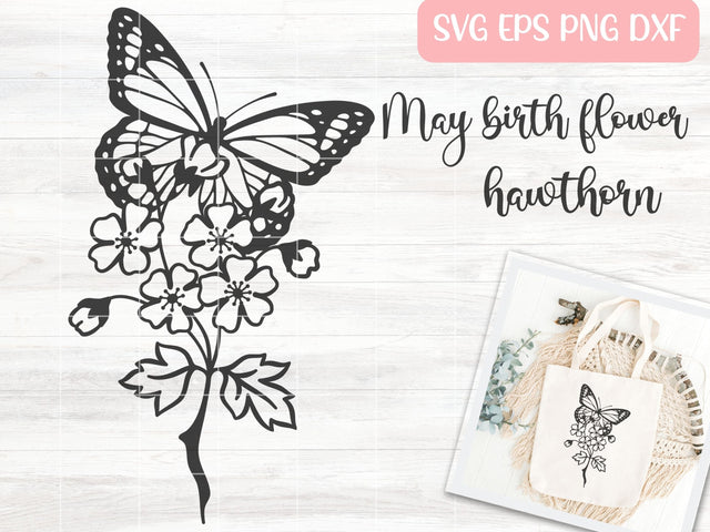 May Birth Month Flower SVG, Floral Monarch Butterfly SVG Cut File, Butterfly with Hawthorn Flowers Digital Download SVG Apple Grove Designs 