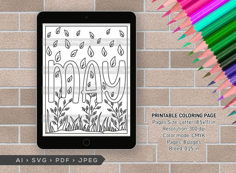 May Month Printable Coloring Page Bundle, PDF Colouring Book, Instant Download, CBP00015 SVG ETC Craft 