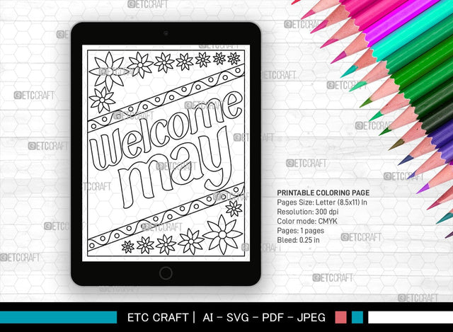 May Month Printable Coloring Page Cut File, PDF Colouring Book, Instant Download, CBP00015 SVG ETC Craft 