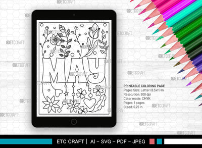 May Month Printable Coloring Page Cut File, PDF Colouring Book, Instant Download, CBP00015 SVG ETC Craft 