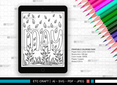 May Month Printable Coloring Page Cut File, PDF Colouring Book, Instant Download, CBP00015 SVG ETC Craft 