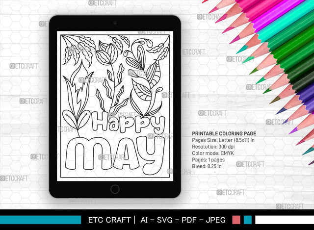 May Month Printable Coloring Page Cut File, PDF Colouring Book, Instant Download, CBP00015 SVG ETC Craft 