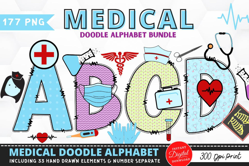 Medical Doodle Alphabet Bundle with Hand Drawn Clipart - So Fontsy