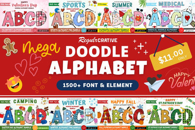 MEGA BUNDLE - Entire Doodle Alphabet, Number PNG Sublimation SVG Regulrcrative 