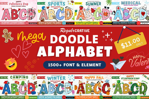 MEGA BUNDLE - Entire Doodle Alphabet, Number PNG Sublimation SVG Regulrcrative 