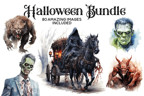 MEGA Halloween Watercolor Clipart Bundle - 80 IMAGES! Sublimation BijouBay 