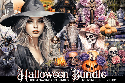 MEGA Halloween Watercolor Clipart Bundle - 80 IMAGES! Sublimation BijouBay 