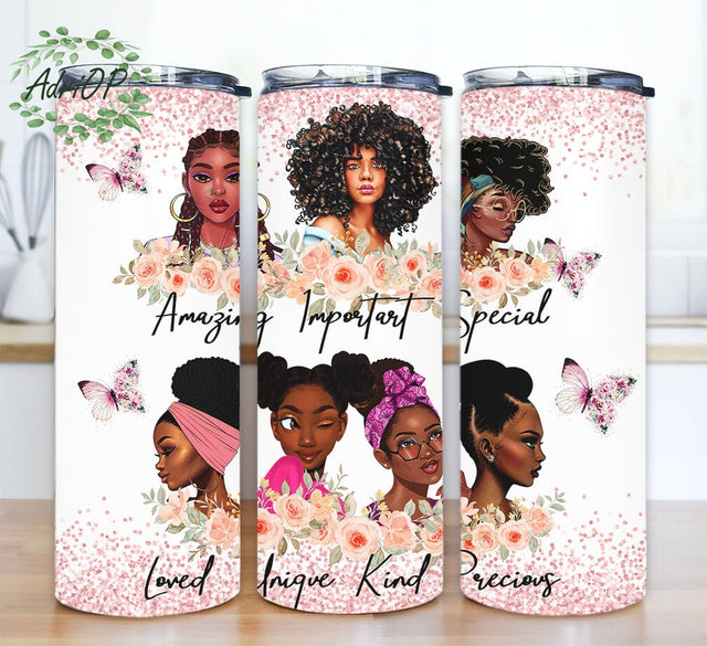 Melanin Girl Magic Motivation 20oz Skinny Tumbler Png, Afro American Women Gift, Pink Rose Glitter Tumbler, Black Girl Woman Tumbler Sublimation AdriOP 