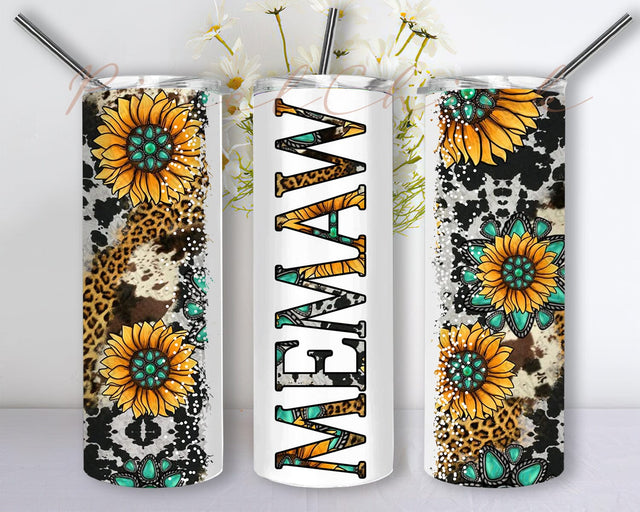 Memaw Sunflower Turquoise Gemstone And Leopard 20oz Skinny Tumbler Png, Memaw Cowhide Distressed Tumbler, Leopard Tumbler, Sunflowers Memaw Png Sublimation PixelChick 
