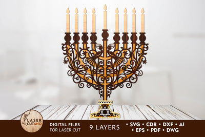 MENORAH, Hanukkah, Multilayer Laser Cut Files, 3D Designs, Mandala SVG LaserCutano 