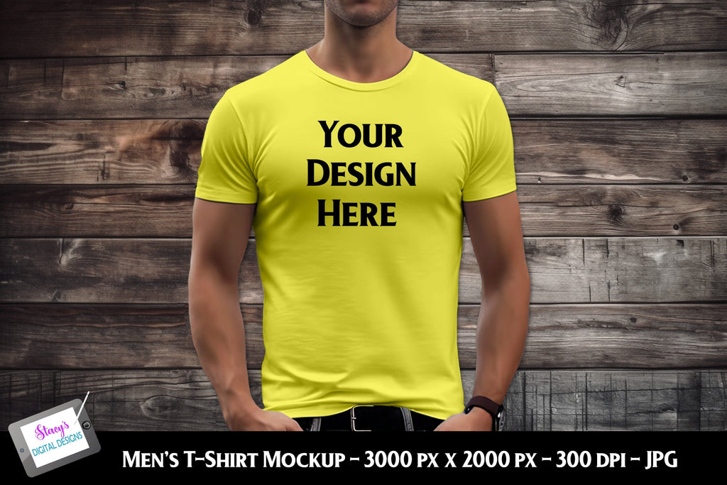 Men's T-shirt Mockup on Model | Men's Yellow T-shirt Mockup - So Fontsy