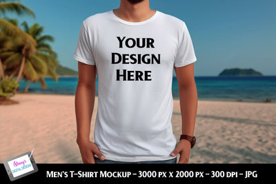 Men's T-shirt Mockup on Model | White | Beach Background Mock Up Photo Stacy's Digital Designs 
