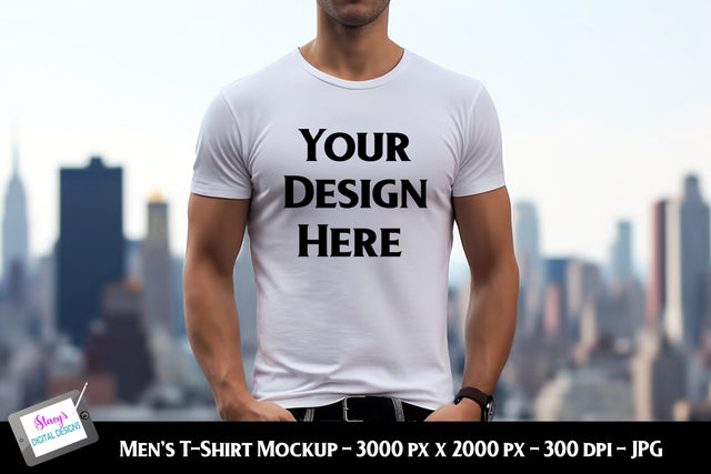 Men's T-shirt Mockup on Model | White | City Background Mock Up Photo Stacy's Digital Designs 