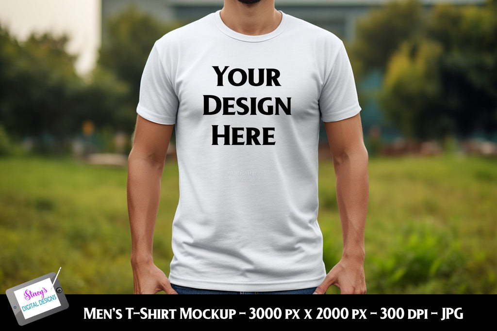 Men's T-shirt Mockup on Model | White | Grassy Background - So Fontsy