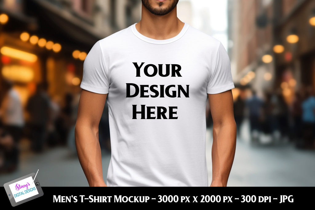 Men's T-shirt Mockup on Model | White | Street Background - So Fontsy