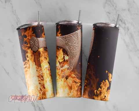 Men's Viking Tumbler Design, Valhalla, Axe, Fire 20oz Tumbler Skinny Straight Tumbler, Sublimation Template, PNG, Instant Download Sublimation CaldwellArt 