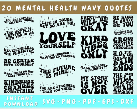 Mental Health Groovy SVG Bundle, 20 Designs, Mental Health Wavy SVG, PNG, Mental Health Cricut Cut Files, Self Love SVG SVG HappyDesignStudio 