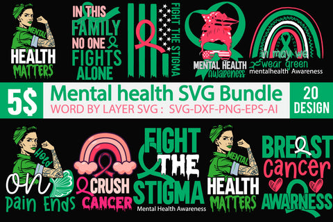 Mental Health SVG Bundle, Awareness SVG Bundle, Breast Cancer SVG Quotes SVG BlackCatsMedia 