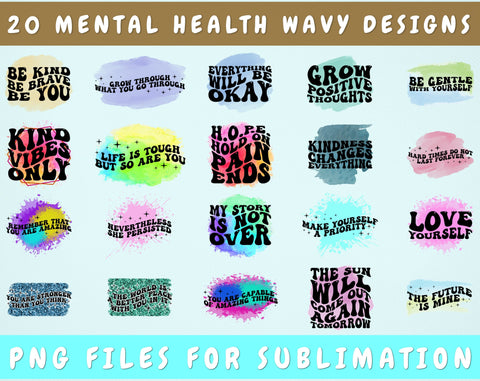 Mental Health Wavy Text Sublimation Designs Bundle, 20 Designs, Mental Health Groovy PNG Files For Sublimation, Mental Health Quotes Sublimation Files Sublimation HappyDesignStudio 