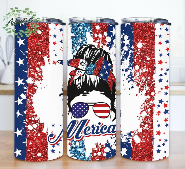 Merica Girl Tumbler Design, Messy Bun Girl 20oz Skinny Tumbler, Red White And Blue Glitter Tumbler Wrap, Patriotic Girl Tumbler Png, Independence Day Gift, Digital Download Sublimation AdriOP 