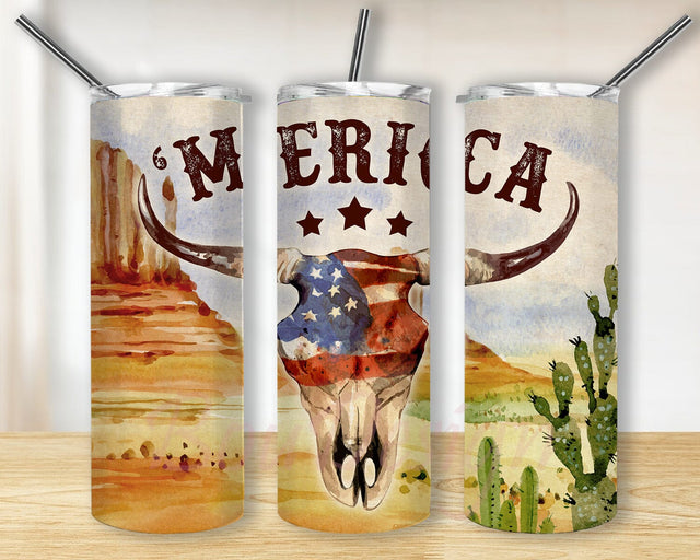 Merica Patriotic 20oz Skinny Tumbler Png, American Flag Tumbler, 4th Of July, Skull Cow Tumbler, Cow Skull American Flag Tumbler, Boho Bull Cow Tumbler Sublimation BouDesign 