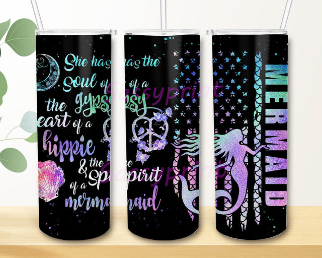 Mermaid 20oz Skinny Tumbler Png, She Has The Soul Of A Gypsy Mermaid Tumbler, Tail American Flag, Mermaids Lover, Mermaid Soul Tumbler, Sublimation Designs Sublimation sassyprint 