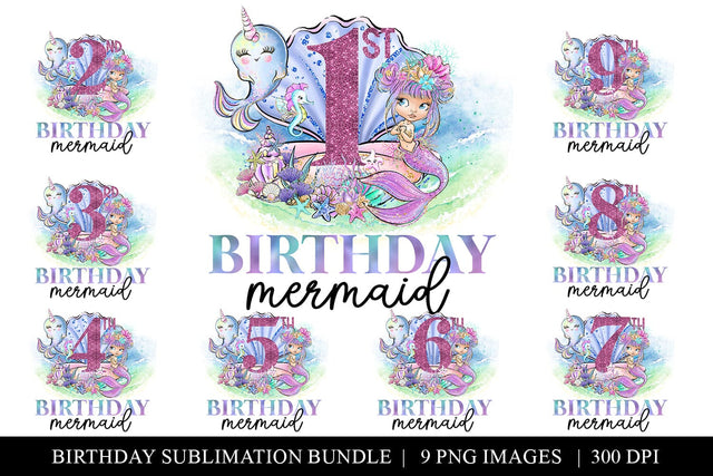 Mermaid Birthday Bundle |1st-9th Sublimation Design PNGs Sublimation BijouBay 