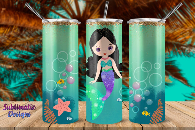 Mermaid Black Hair 20 oz Skinny Tumbler Wrap Sublimation Sublimatiz Designs 