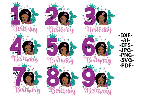 Mermaid Bundle, 9 afro birthdays designs, 27 Png files, Mermaid Birthday Svg, Birthday Girl Svg, Black Girl, Afro Woman Svg, Afro cut files SVG 1uniqueminute 