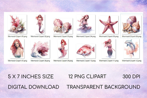 Mermaid Clipart Bundle, Mermaid Sublimation Designs PNG Sublimation OrangeBrushStudio 